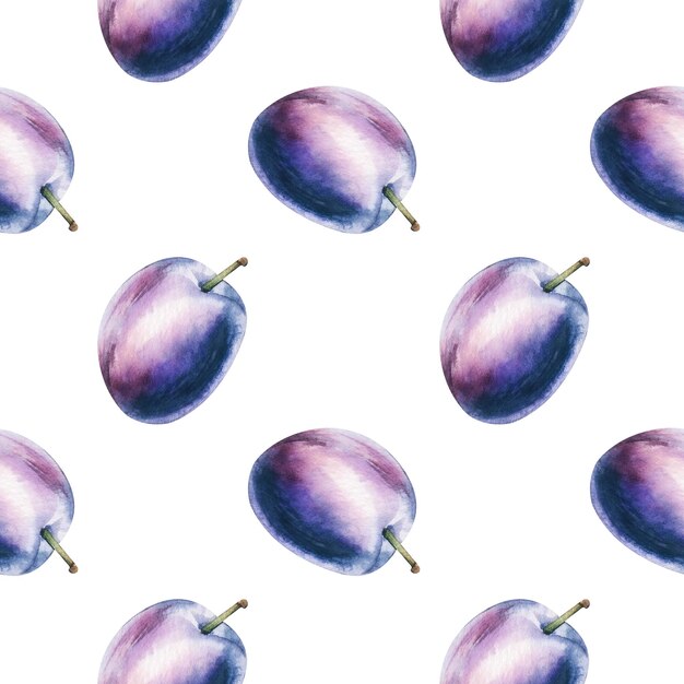 Watercolor seamless pattern with plums hand drawn design summer fruit illustration