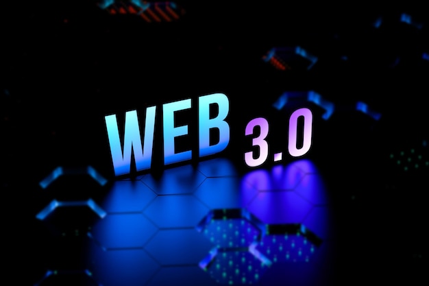 WEB 30 neon concept on blurred backgroundWEB 3 generations modern internet technologies 3D render