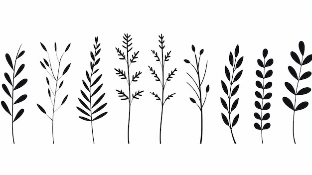 Whimsical Minimalism Hand Drawn Plant Silhouettes On White Background