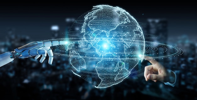 White robot hand using globe network hologram with America Usa map 3D rendering