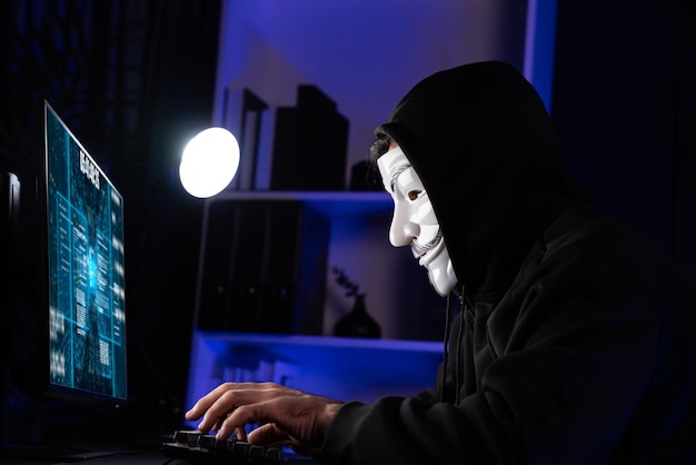 White smiling criminal anonymous mask installing virus encryption Surmise