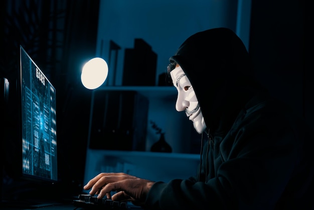 White smiling criminal anonymous mask installing virus encryption Surmise