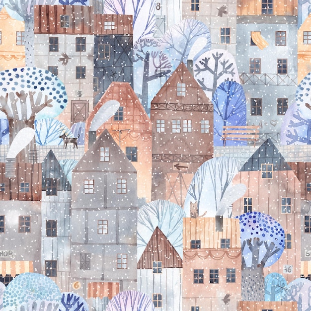 Winter city Abstract seamless pattern with houses Watercolor background Perfect for fabric textile wallpaper kindergarten Old city