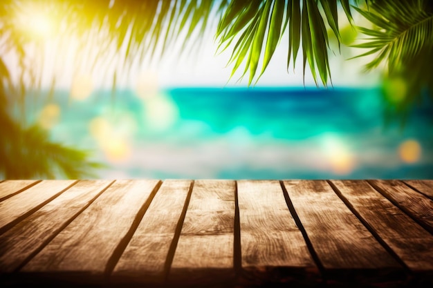Wooden table top with blurry beach in the background Generative AI