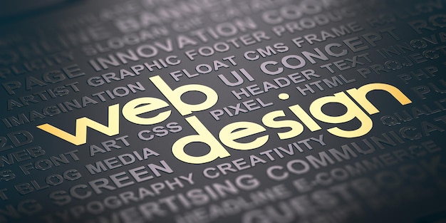 Word cloud over black background with the text web design witten in golden letters. Visual communication concept. 3D illustration