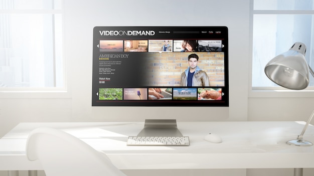 Workspace with computer screen doing video on demand