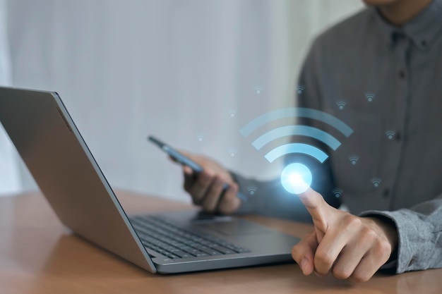 Worldwide wireless communications WiFi signal in the hands of business people