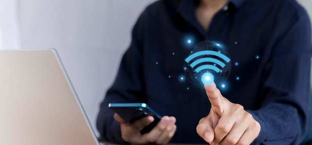 Worldwide wireless communications WiFi signal in the hands of business people