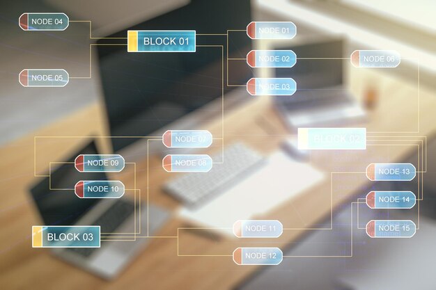 Yapay zeka ve makine öğrenimi konsepti arka planında bilgisayarlı modern masa ile soyut programlama dili hologramının çoklu pozlaması