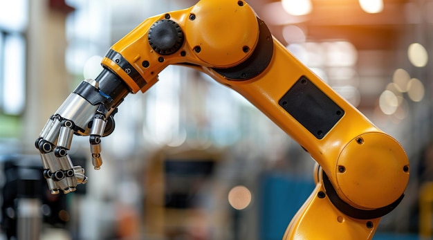 Yellow Robotic Hand Working in an Industrial Factory