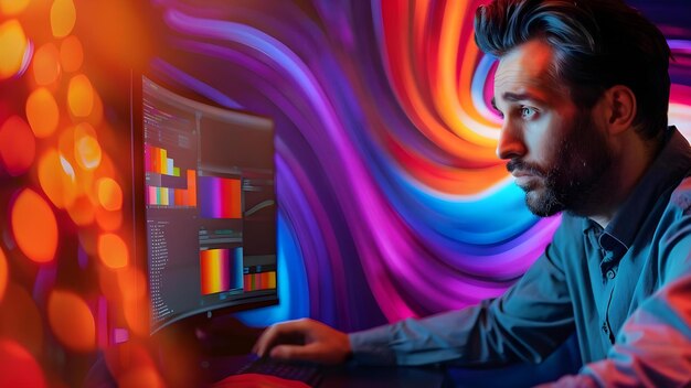 Young man in graphic studio selecting colors on computer for creative project Concept Graphic Design Color Selection Creative Projects Studio Work Technology Use