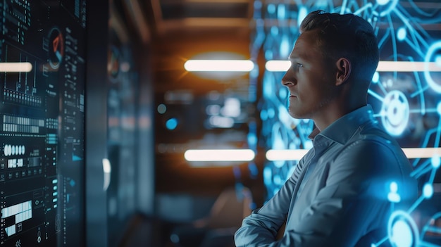 Young Professional Observing HighTech Data Interface Ai Generative