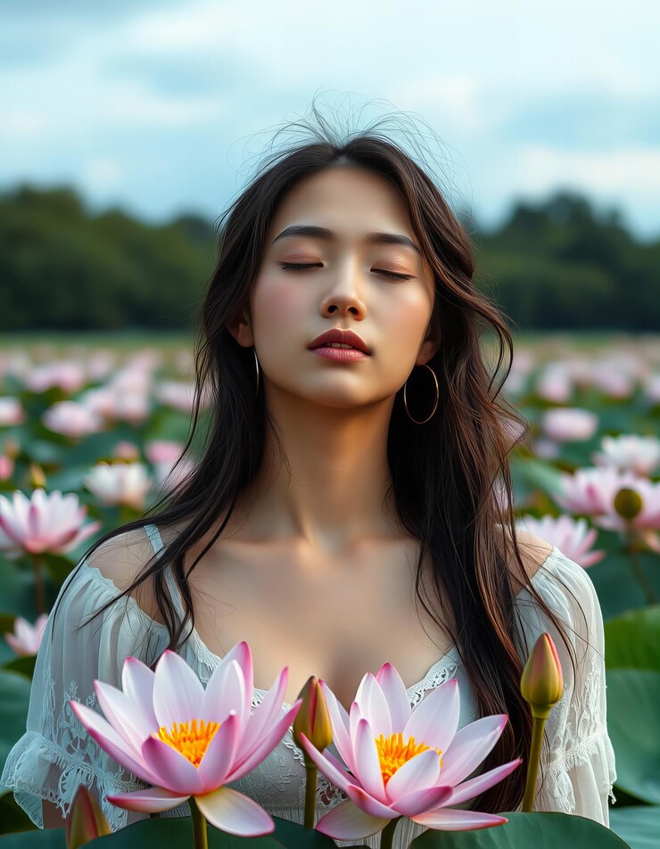 Young woman with closed eyes in a field of water lilies