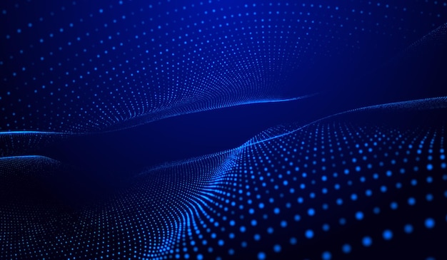 3D-abstrakti digitaaliteknologian sinisten hiukkasten verkoston aalto sinisellä taustalla