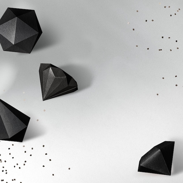 3d black icosahedron and asymmetric hexagonal bipyramid patterned background design element