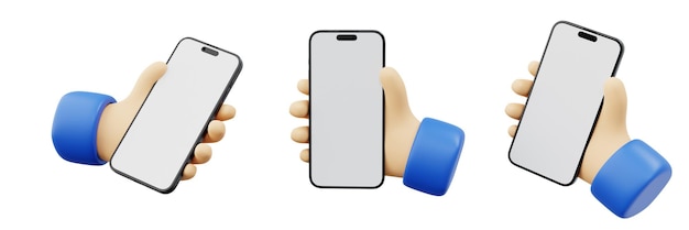 3D Cartoon hand holding smartphone Hand using mobile phone with empty screen mockup concept ideas