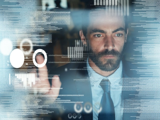 3d data hologram and tech coding of a fintech businessman working on futuristic technology Big data cloud computing and ux design of a software developer research on cryptocurrency and it ai tech