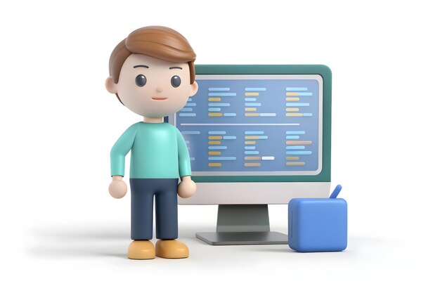 3d Flat icon as Programmer with code on a screen and binary digits symbolizing coding and data with