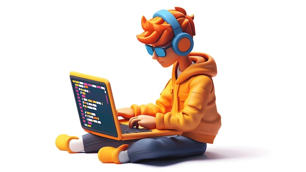 3D Flat Icon Developer Writing Code on Laptop with Dreamy Background Software Development and Bus