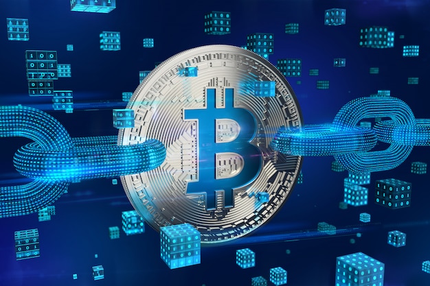 3D Fyysinen hopeinen bitcoin lankaverkko ketjulla ja digitaalisilla lohkoilla.