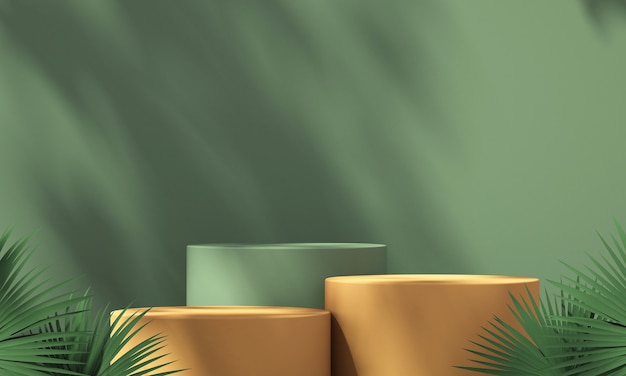 3D green and orange product podium display with green background and tree shadow,summer product mockup background,3D render illustration