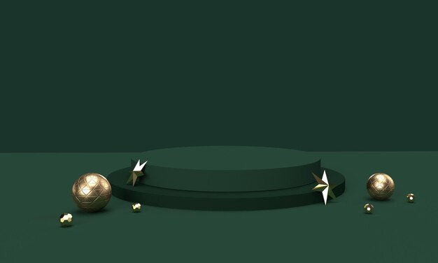3D green background with a product podium and gold balls