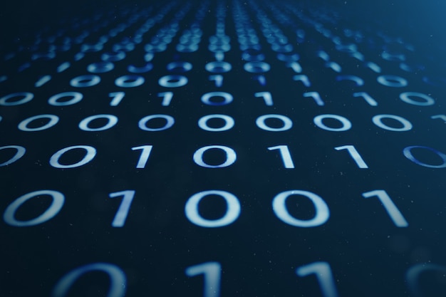 3D illustration binary code on blue background. Bytes of binary code. Concept technology. Digital binary background.