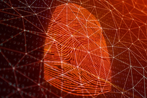 3d illustration fingerprint scan provides security access with biometrics identification. concept fingerprint hacking, threat. finger print with binary code. concept of digital security.