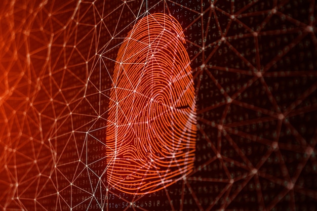 3D illustration Fingerprint scan provides security access with biometrics identification. Concept fingerprint hacking, threat. Finger print with binary code. Concept of digital security.