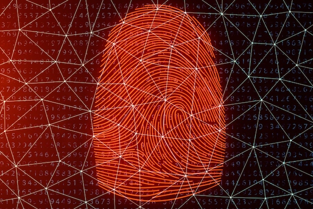 3d illustration fingerprint scan provides security access with biometrics identification. concept fingerprint hacking, threat. finger print with binary code. concept of digital security.