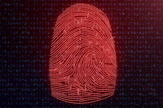 3D illustration Fingerprint scan provides security access with biometrics identification. Concept fingerprint hacking, threat. Finger print with binary code. Concept of digital security.