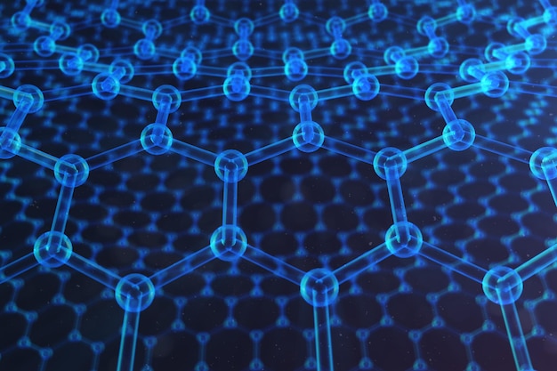 3d illustration nanotechnology, glowing hexagonal geometric form close-up, concept graphene atomic structure, concept graphene molecular structure. science illustration