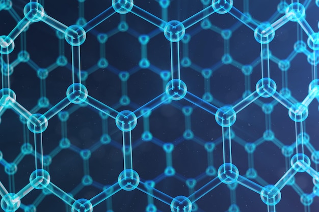 3D Illustration nanotechnology, glowing hexagonal geometric form close-up, concept graphene atomic structure, concept graphene molecular structure. Science illustration