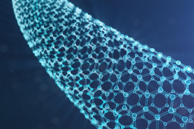 3D Illustration nanotechnology, glowing hexagonal geometric form close-up, concept graphene atomic structure, concept graphene molecular structure. Science illustration