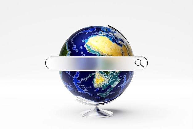 3d illustration of an internet search page and earth planet model with world map on a white background search bar icons