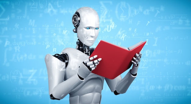 3D illustration of robot humanoid reading book and solving math