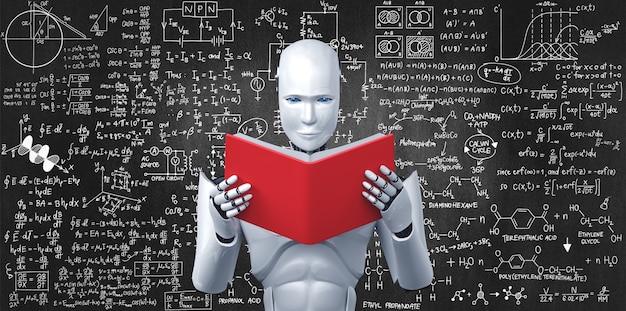 3D illustration of robot humanoid reading book and solving math