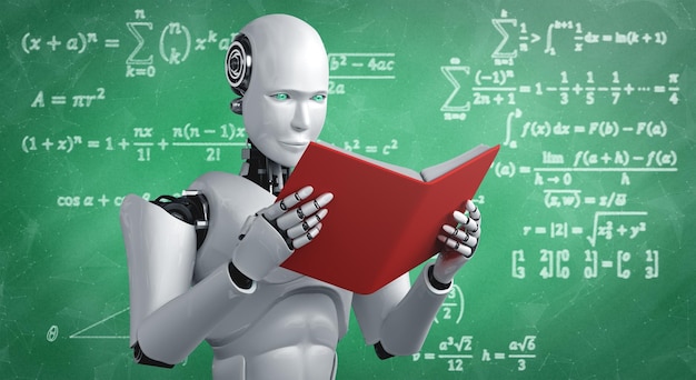 3D illustration of robot humanoid reading book and solving math