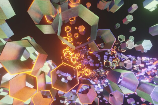 3d illustration of smeared hexagons spiral with colorful light reflections on black backgro