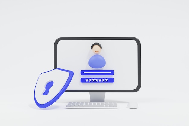 3D illustrations. Computer and account login and password form page on the screen. Sign in to account, user authorization, login  page concept. Username, password fields. Data management