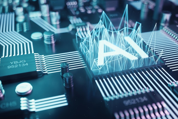 3D-kuvitus abstraktista tekoälystä piirilevyllä. Teknologia- ja insinöörikonsepti. Tekoälyn neuronit. Elektroninen siru, pääprosessori.