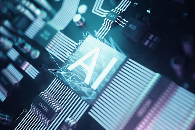 3D-kuvitus abstraktista tekoälystä piirilevyllä. Teknologia- ja insinöörikonsepti. Tekoälyn neuronit. Elektroninen siru, pääprosessori.
