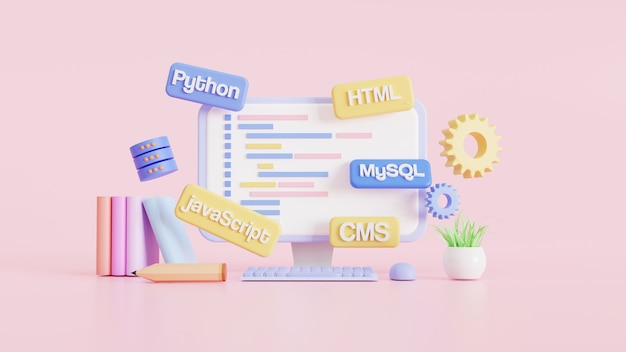 3D-kuvitus, web-kehityskonsepti, ohjelmointi ja koodaus.
