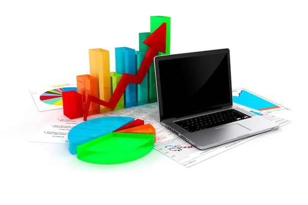 3d laptop and business elements on white background