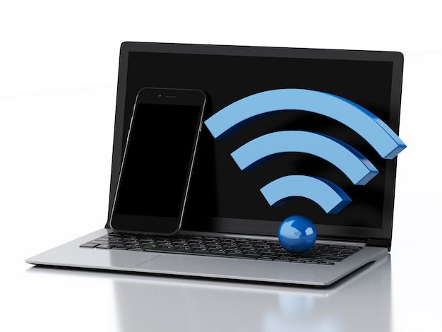 3d Laptop pc, Smartphone and wifi icon.