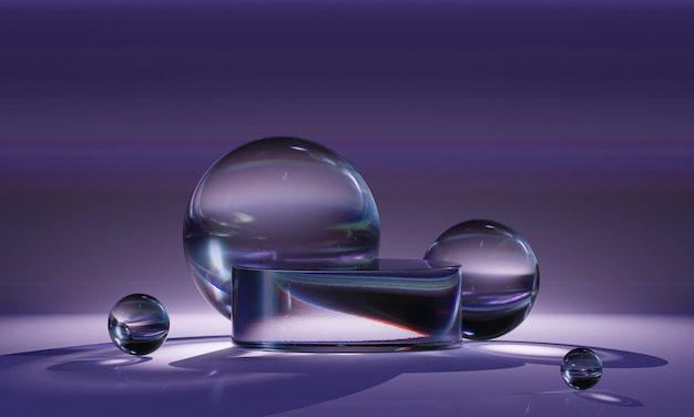 3D-mallinnus lasikoroke läpinäkyvillä loistavilla palloilla viileissä purppuranväreissä. Abstrakti moderni alusta tuote- tai kosmetiikkaesittelyyn. Nykyaikainen minimalistinen tausta.