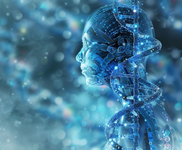 3D medical background with female head and DNA strands