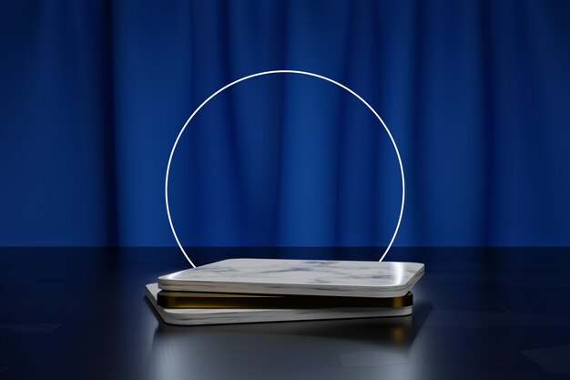 3d modeling scene with empty golden and marble square platform neon lights and blue textile curtain