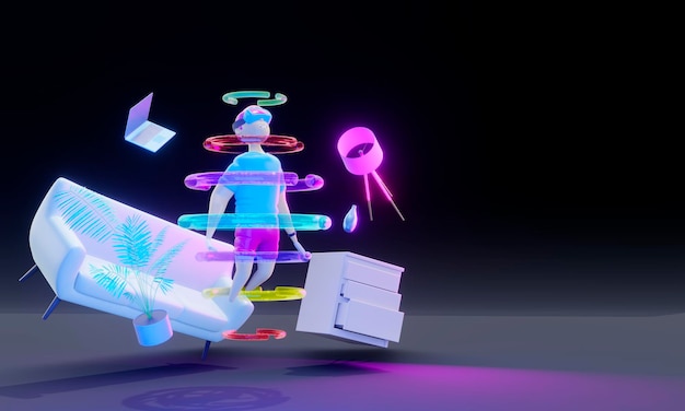 3d render A virtual reality a character in VR glasses and with joysticks hovers above the surface