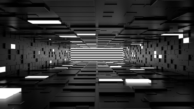 3d render abstract background. Long corridor. Simple shape extruded with random square polygons at the walls. Several wall segments are lighted up.